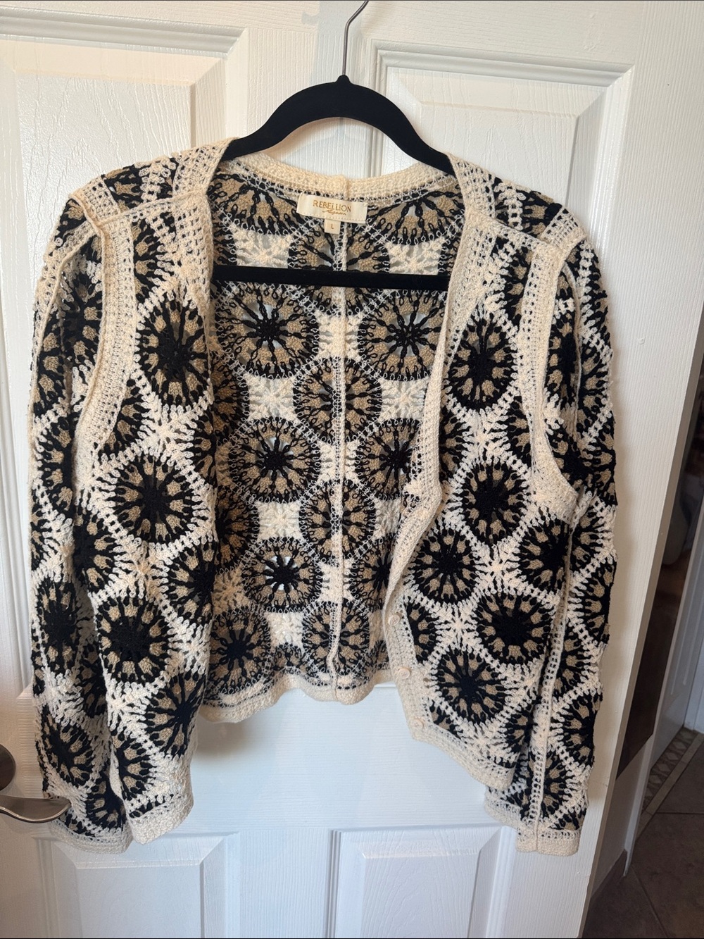 Rebellion Black & Cream Crochet Open-Front Cardigan